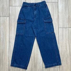 Uniqlo Utility Cargo Jeans Womens Small Blue Relaxed Straight Elastic Waist
